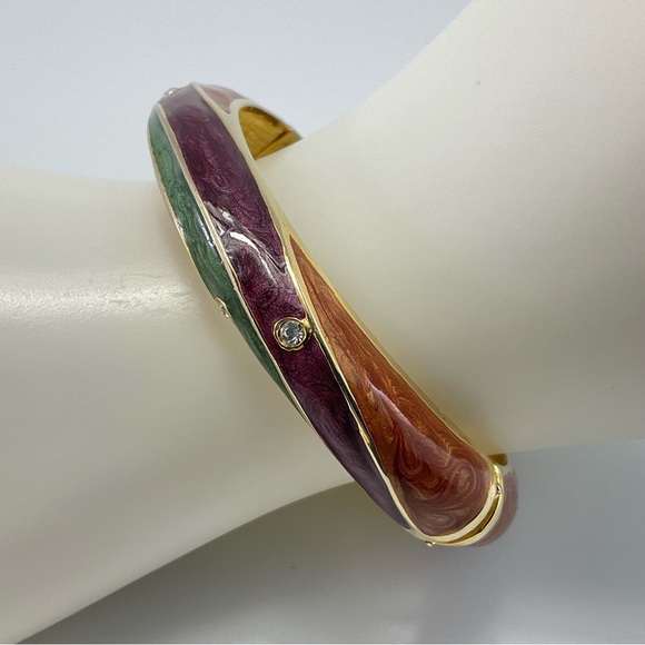 Vintage Jewelry - NWOT Enamel Bangle Bracelet with Clear Crystals, Hinged Cuff, Modern, Elegant